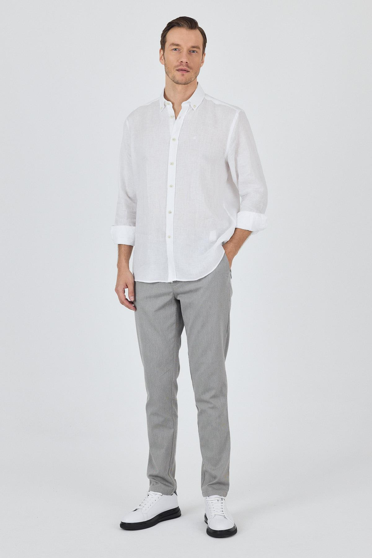 Kol Düz Keten Düğmeli Yaka Cepsiz Casual Comfort Fit Gömlek 1004250114
