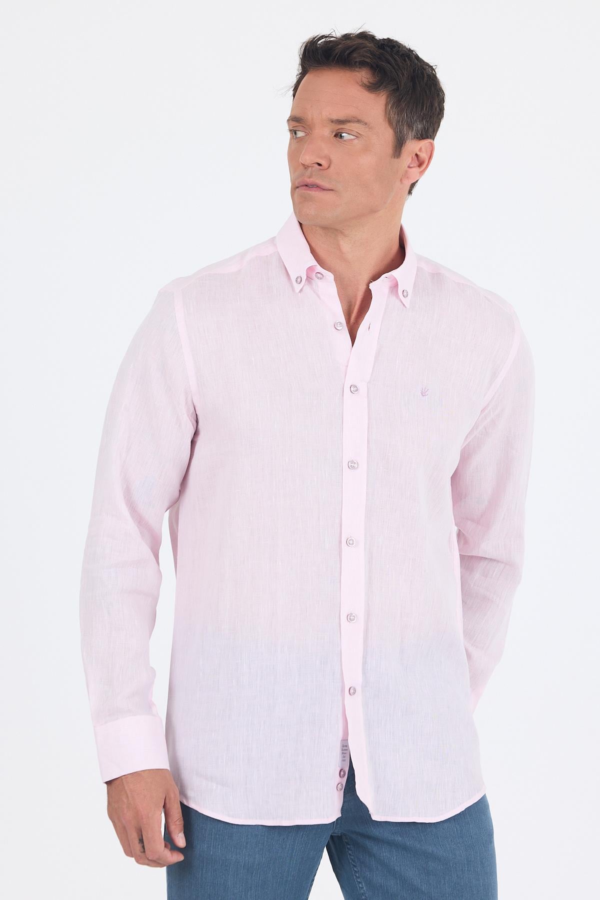 Pembe Kol Düz Keten Düğmeli Yaka Cepsiz Casual Comfort Fit Gömlek 1004250114