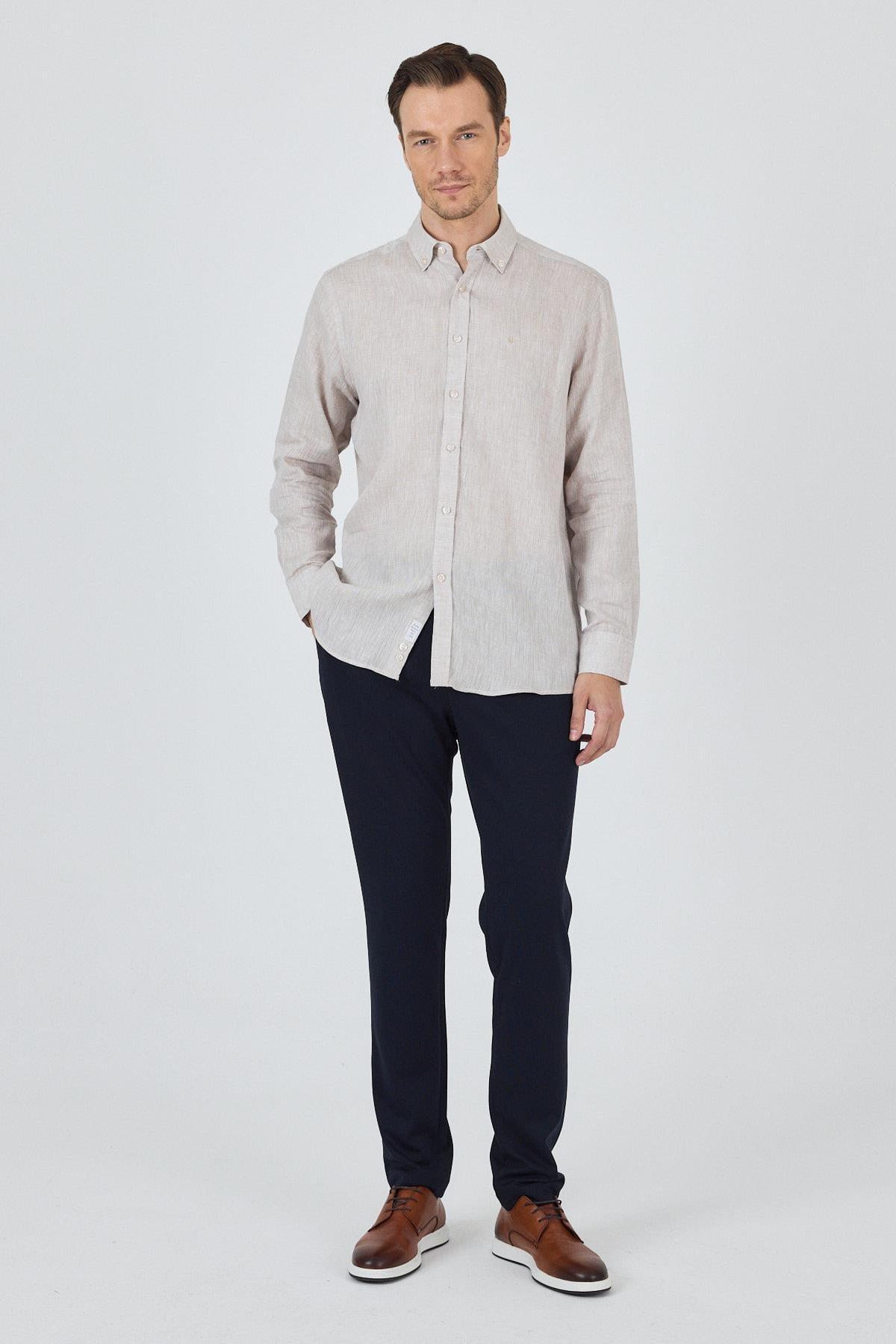Vizon Kol Düz Keten Düğmeli Yaka Cepsiz Casual Comfort Fit Gömlek 1004250114