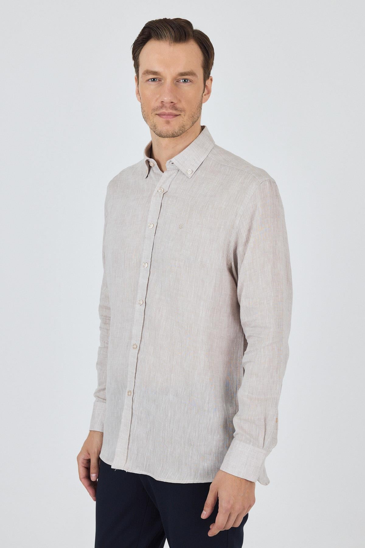 Vizon Kol Düz Keten Düğmeli Yaka Cepsiz Casual Comfort Fit Gömlek 1004250114