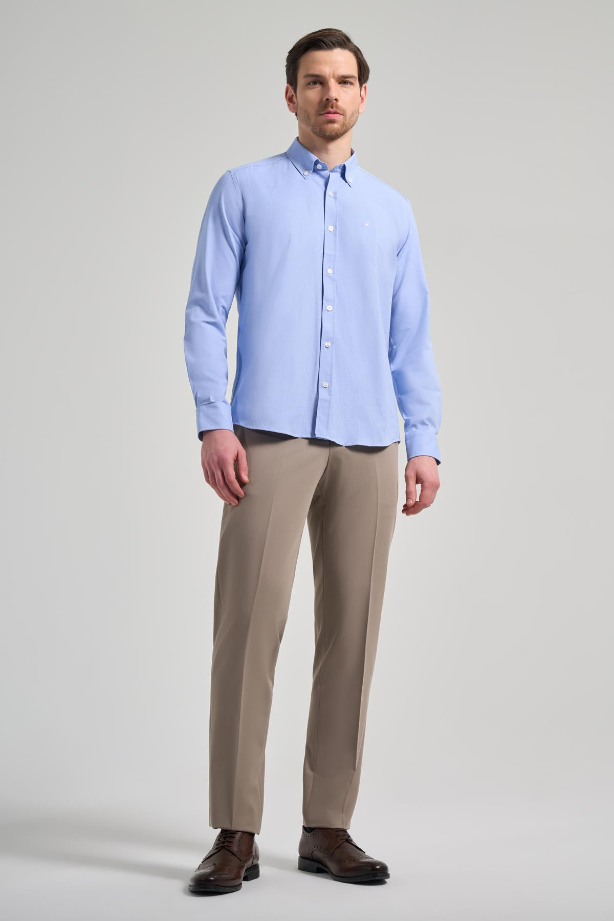Mavi Kol Düz Oxford Düğmeli Yaka Cepsiz Pamuklu Classic Slim Fit Gömlek 1004250168