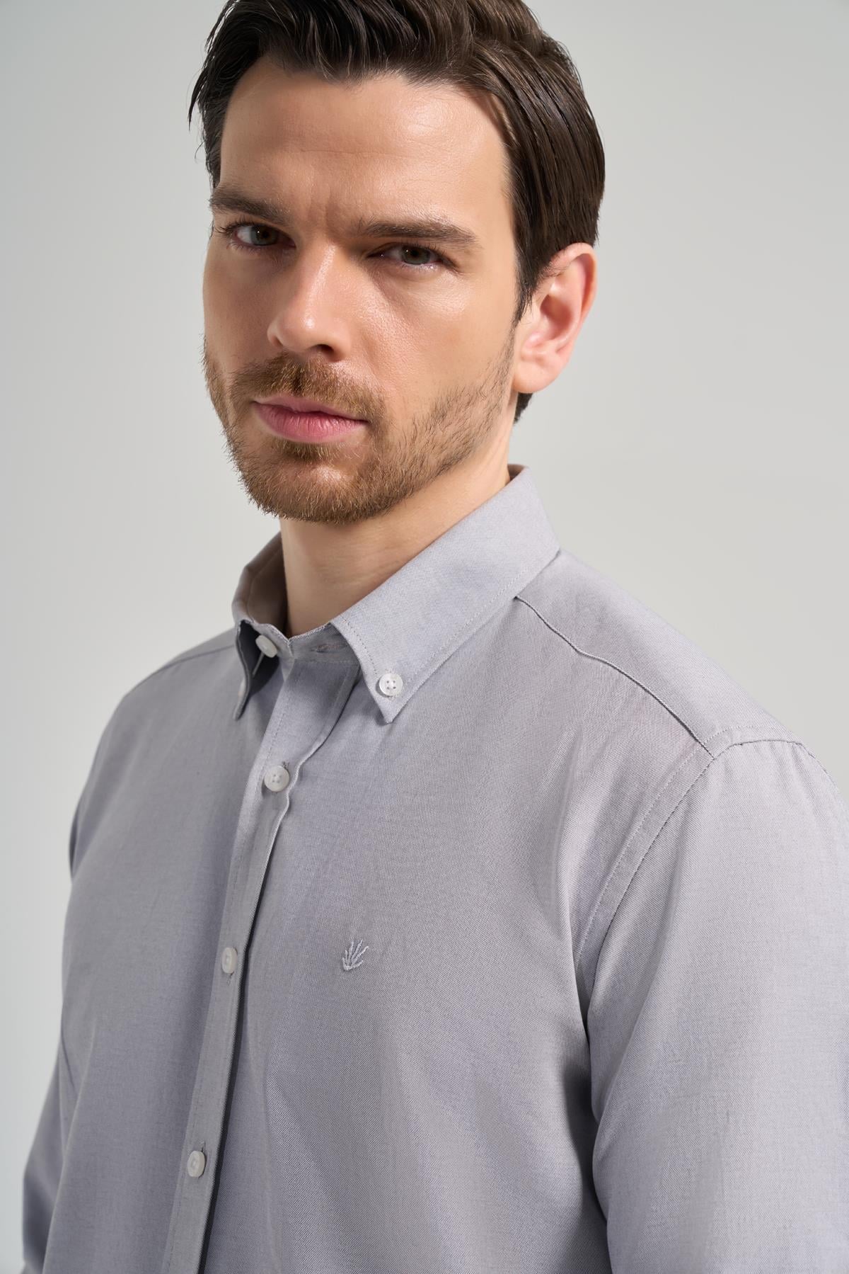 Gri Kol Düz Oxford Düğmeli Yaka Cepsiz Pamuklu Classic Slim Fit Gömlek 1004250168