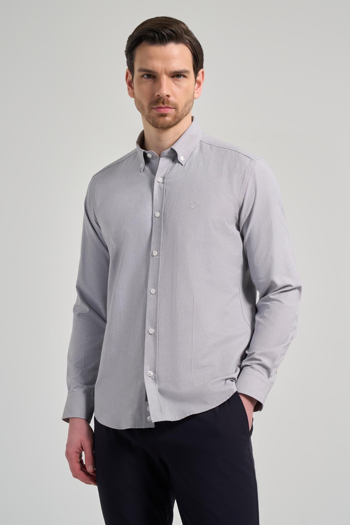 Gri Kol Düz Oxford Düğmeli Yaka Cepsiz Pamuklu Classic Slim Fit Gömlek 1004250168