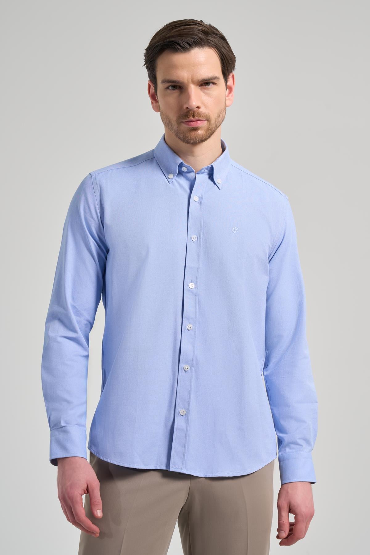 Mavi Kol Düz Oxford Düğmeli Yaka Cepsiz Pamuklu Classic Slim Fit Gömlek 1004250168