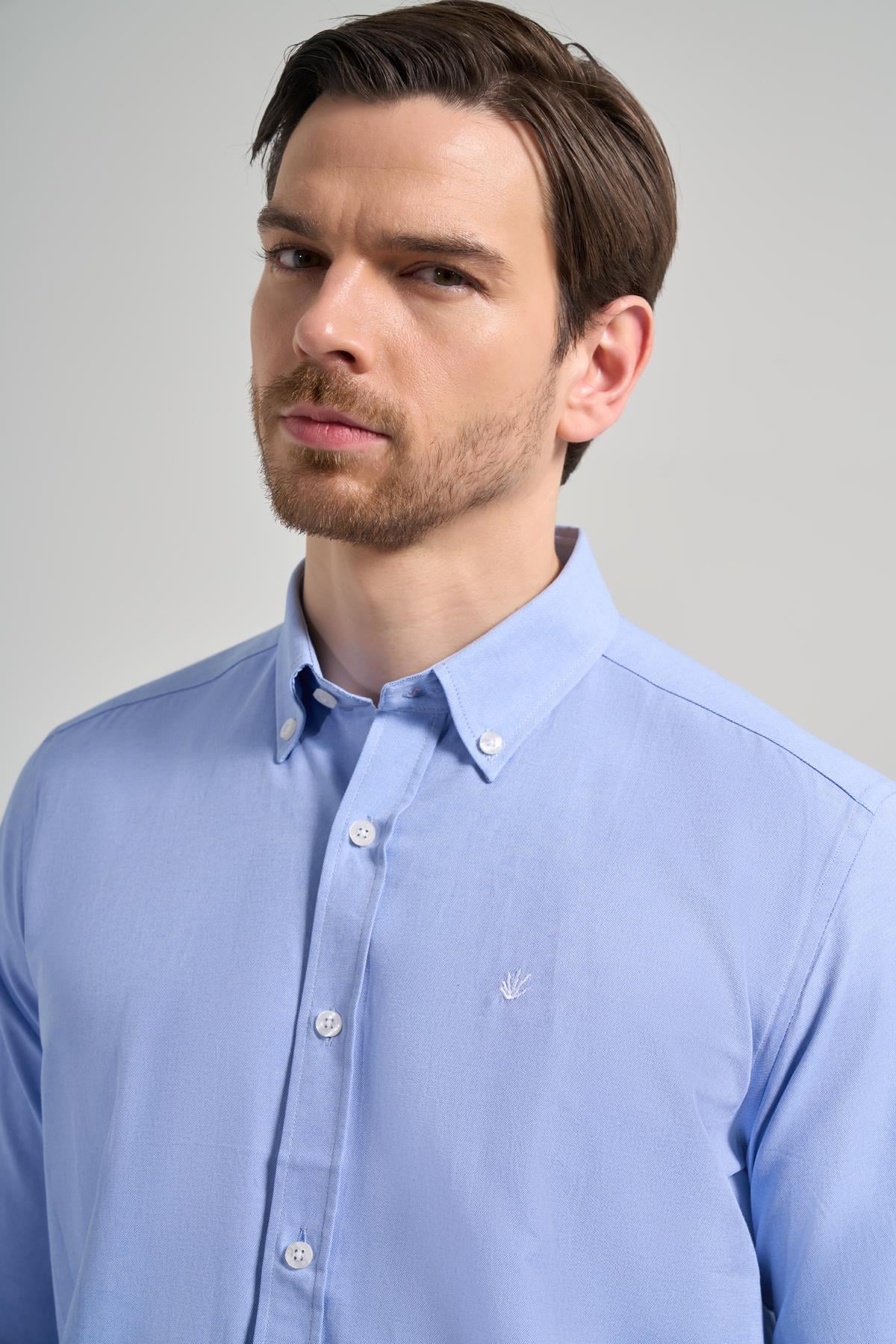 Mavi Kol Düz Oxford Düğmeli Yaka Cepsiz Pamuklu Classic Slim Fit Gömlek 1004250168
