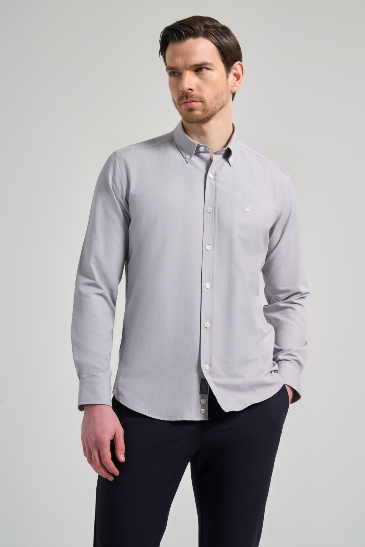 Gri Kol Düz Oxford Düğmeli Yaka Cepsiz Pamuklu Classic Slim Fit Gömlek 1004250168