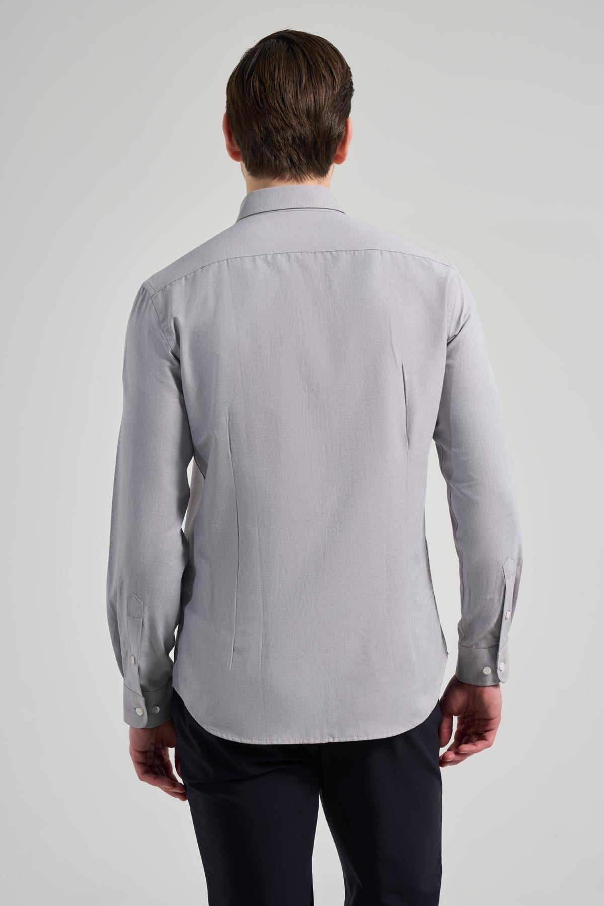 Gri Kol Düz Oxford Düğmeli Yaka Cepsiz Pamuklu Classic Slim Fit Gömlek 1004250168