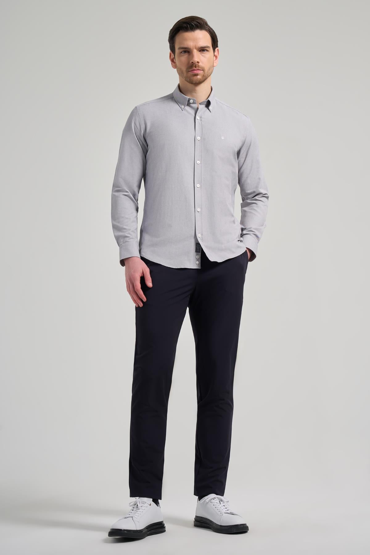 Gri Kol Düz Oxford Düğmeli Yaka Cepsiz Pamuklu Classic Slim Fit Gömlek 1004250168