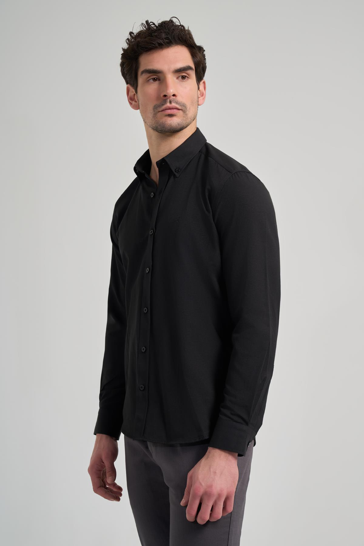 Siyah Kol Düz Oxford Düğmeli Yaka Cepsiz Pamuklu Classic Slim Fit Gömlek 1004250168