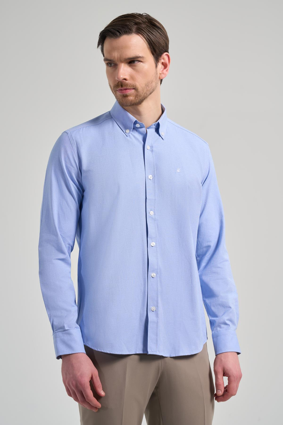 Mavi Kol Düz Oxford Düğmeli Yaka Cepsiz Pamuklu Classic Slim Fit Gömlek 1004250168