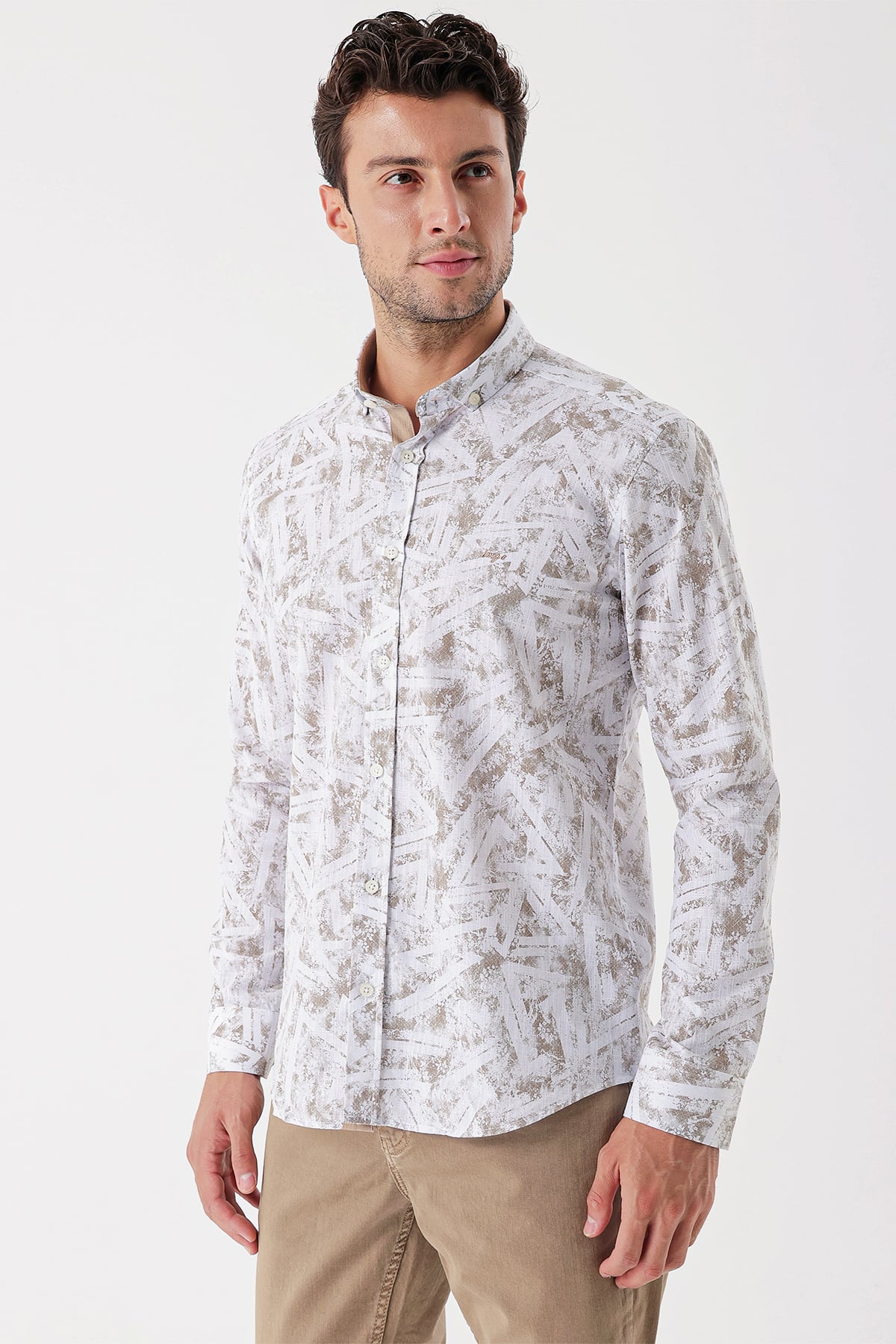 Beyaz Uzun Kollu Baskılı Bez Ayağı Cepsiz Garnili Klasik Slim Fit Dar Kesim Gömlek 1004230229