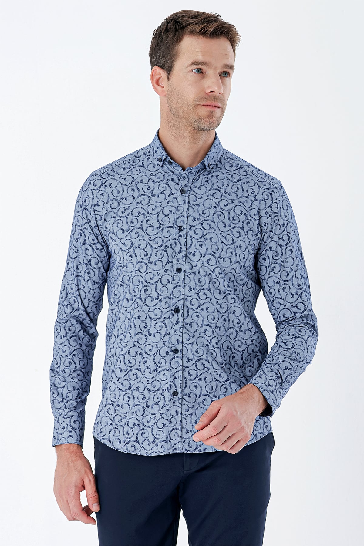 Lacivert Uzun Kollu Baskılı Bez Ayağı Cepsiz Pamuklu Likralı Klasik Slim Fit Gömlek 1004235208