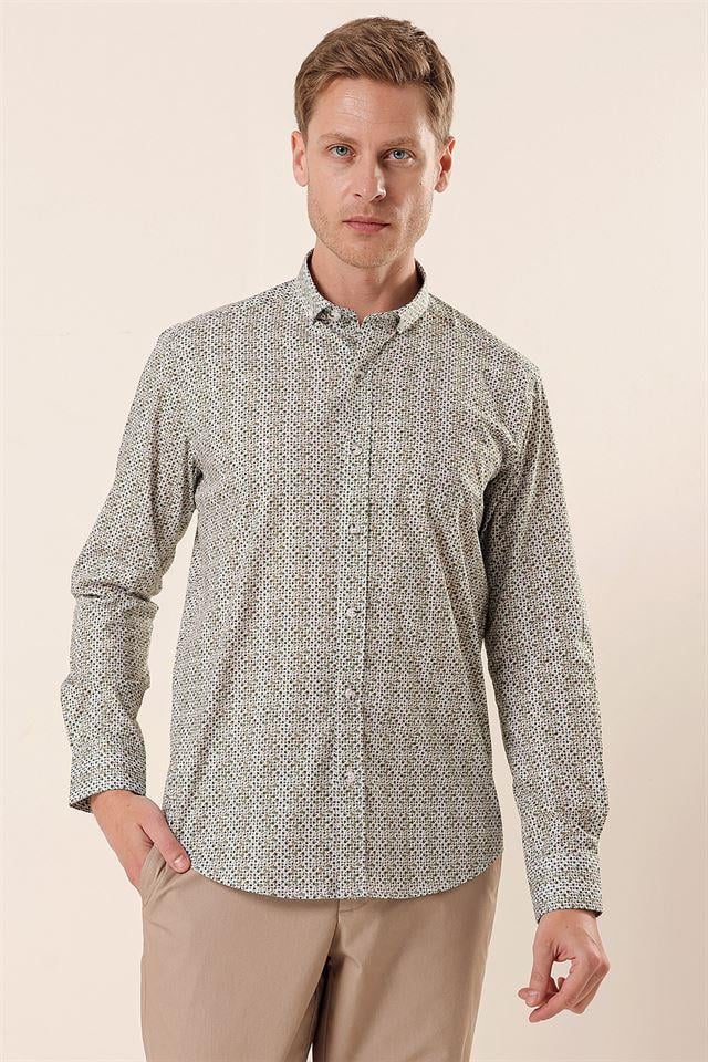 Beyaz Uzun Kollu Baskılı Cepsiz Pamuklu Likralı Casual Slim Fit Dar Kesim Gömlek 1004230134
