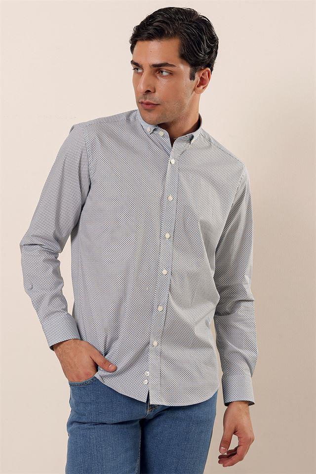 Beyaz Uzun Kollu Baskılı Cepsiz Pamuklu Likralı Casual Slim Fit Dar Kesim Gömlek 1004230120