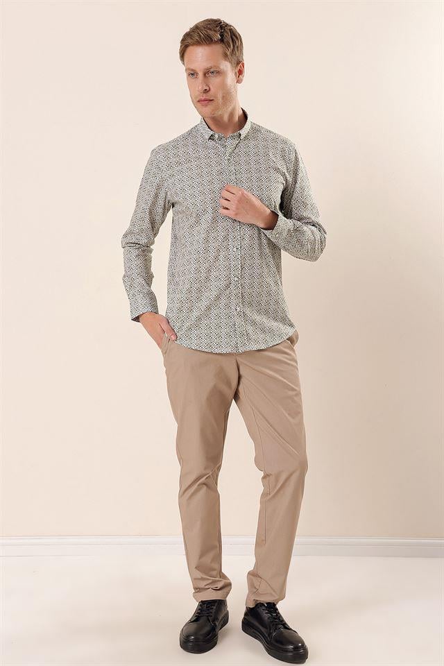Beyaz Uzun Kollu Baskılı Cepsiz Pamuklu Likralı Casual Slim Fit Dar Kesim Gömlek 1004230134