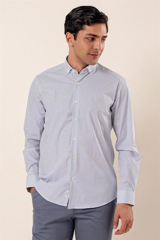 Lacivert Uzun Kollu Baskılı Cepsiz Pamuklu Likralı Klasik Slim Fit Dar Kesim Gömlek 1004230115