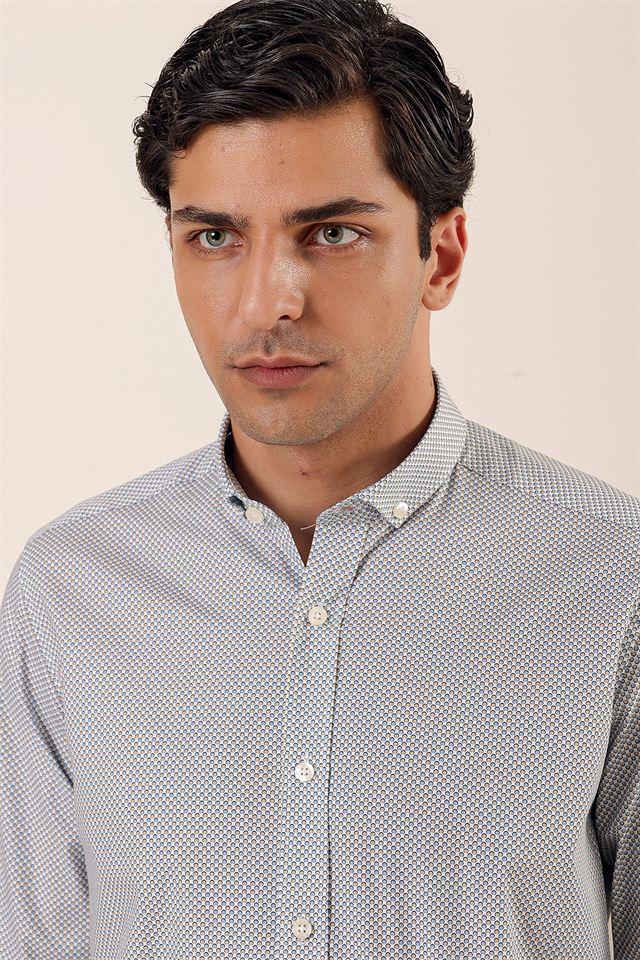 Beyaz Uzun Kollu Baskılı Cepsiz Pamuklu Likralı Casual Slim Fit Dar Kesim Gömlek 1004230120