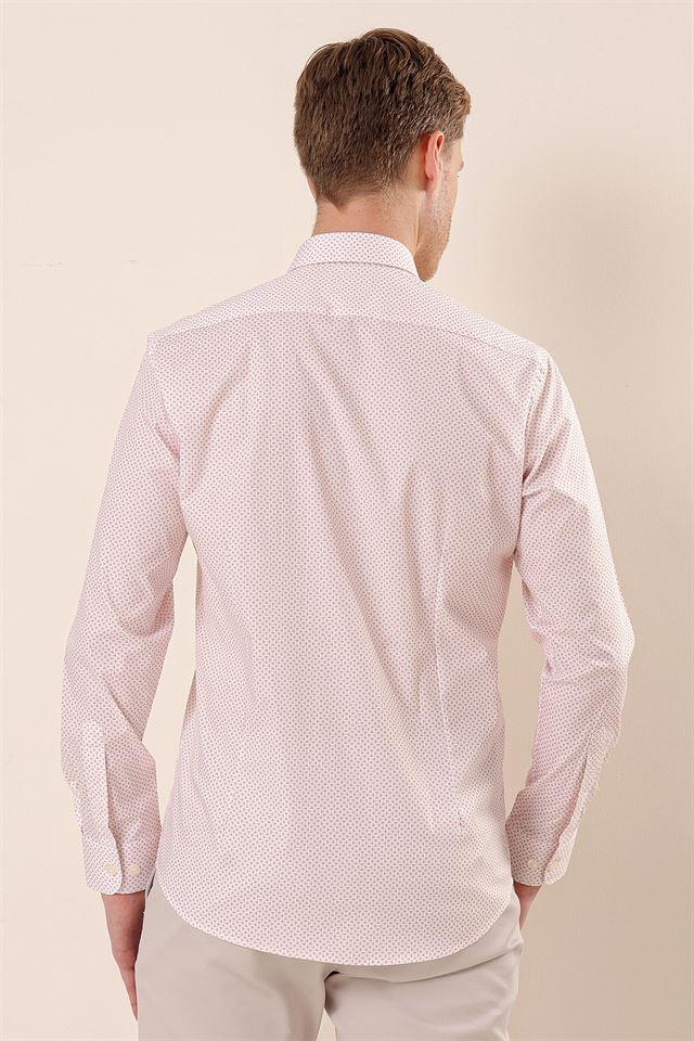 Pembe Uzun Kollu Baskılı Cepsiz Pamuklu Likralı Klasik Slim Fit Dar Kesim Gömlek 1004230115