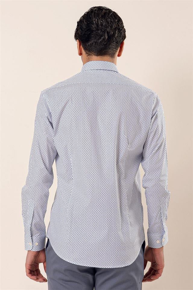 Lacivert Uzun Kollu Baskılı Cepsiz Pamuklu Likralı Klasik Slim Fit Dar Kesim Gömlek 1004230115