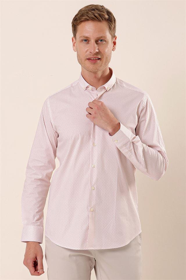 Pembe Uzun Kollu Baskılı Cepsiz Pamuklu Likralı Klasik Slim Fit Dar Kesim Gömlek 1004230115