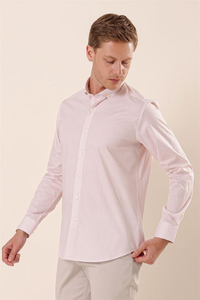 Pembe Uzun Kollu Baskılı Cepsiz Pamuklu Likralı Klasik Slim Fit Dar Kesim Gömlek 1004230115