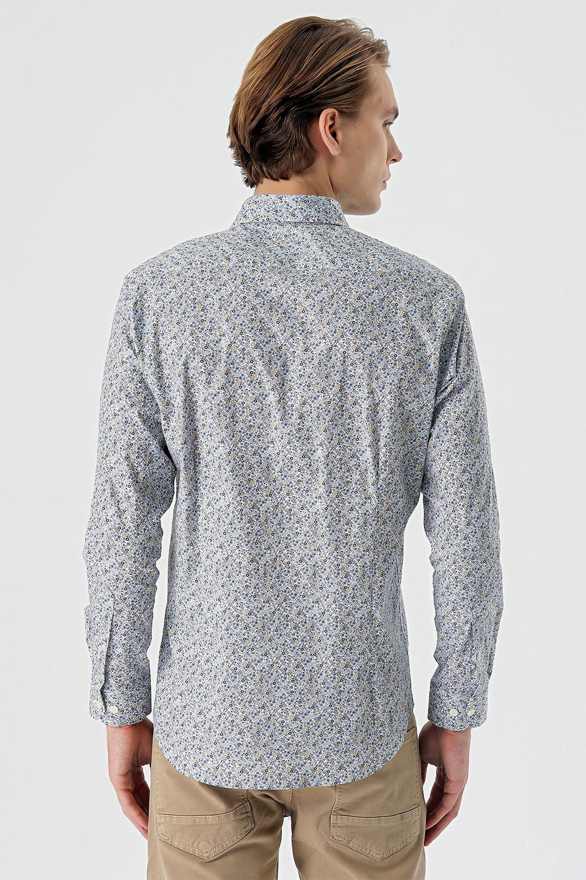 Beyaz Uzun Kollu Baskılı Düğmeli Yaka Cepsiz Pamuklu Likralı Klasik Slim Fit Gömlek 1004235126