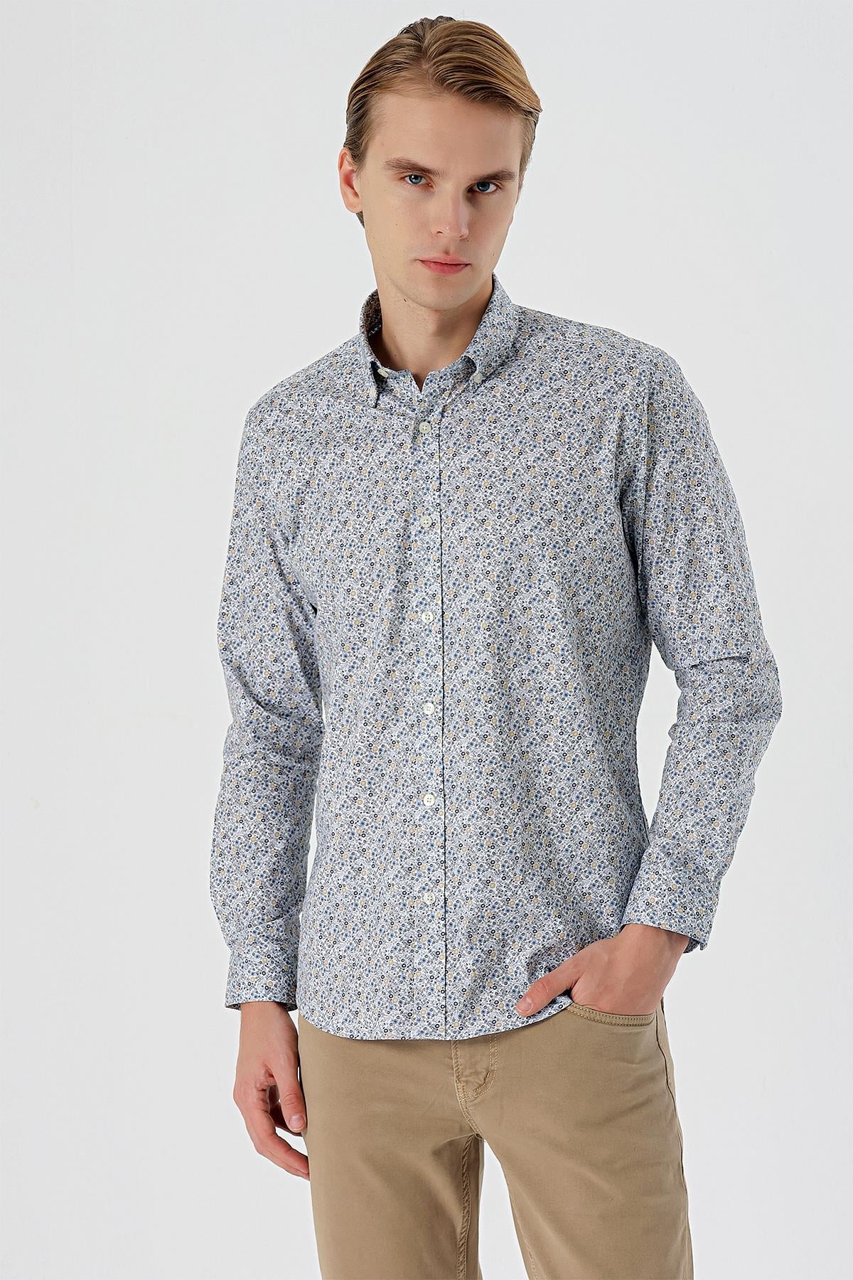 Beyaz Uzun Kollu Baskılı Düğmeli Yaka Cepsiz Pamuklu Likralı Klasik Slim Fit Gömlek 1004235126