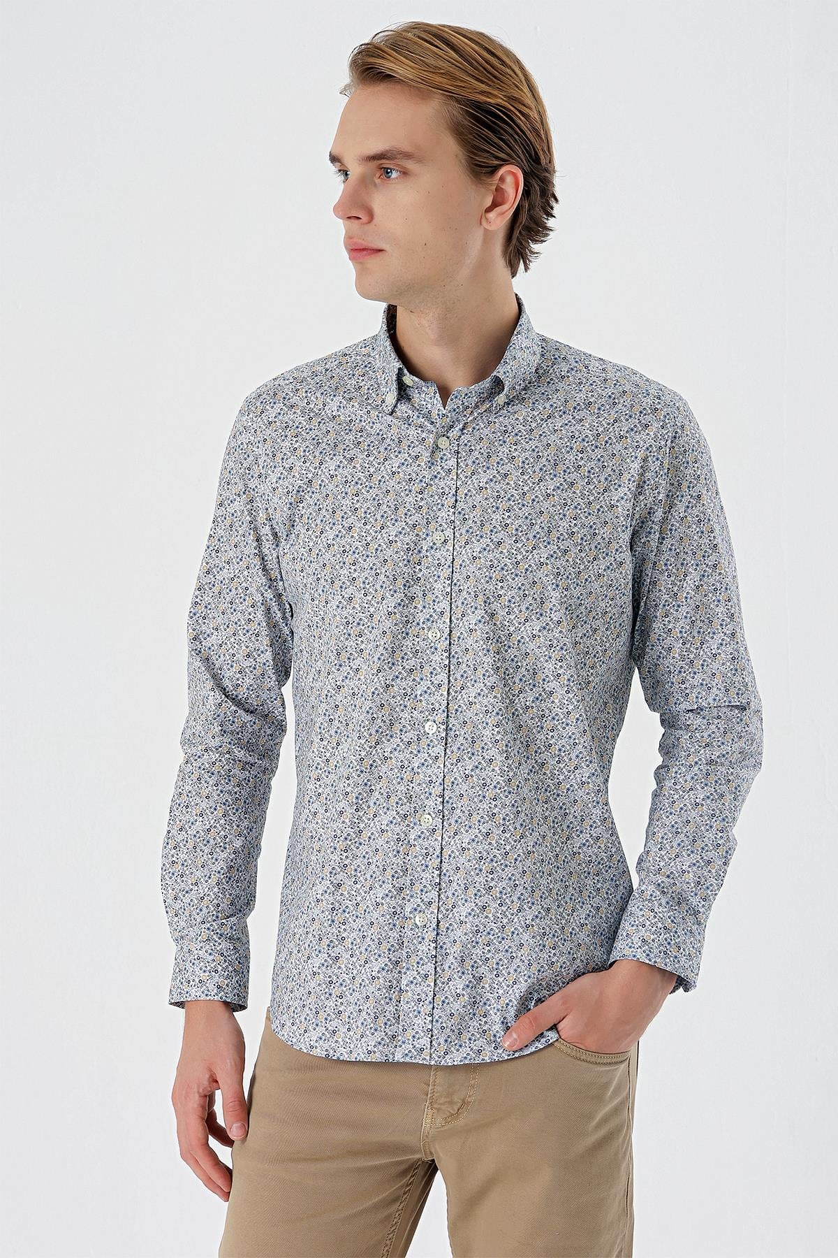 Beyaz Uzun Kollu Baskılı Düğmeli Yaka Cepsiz Pamuklu Likralı Klasik Slim Fit Gömlek 1004235126