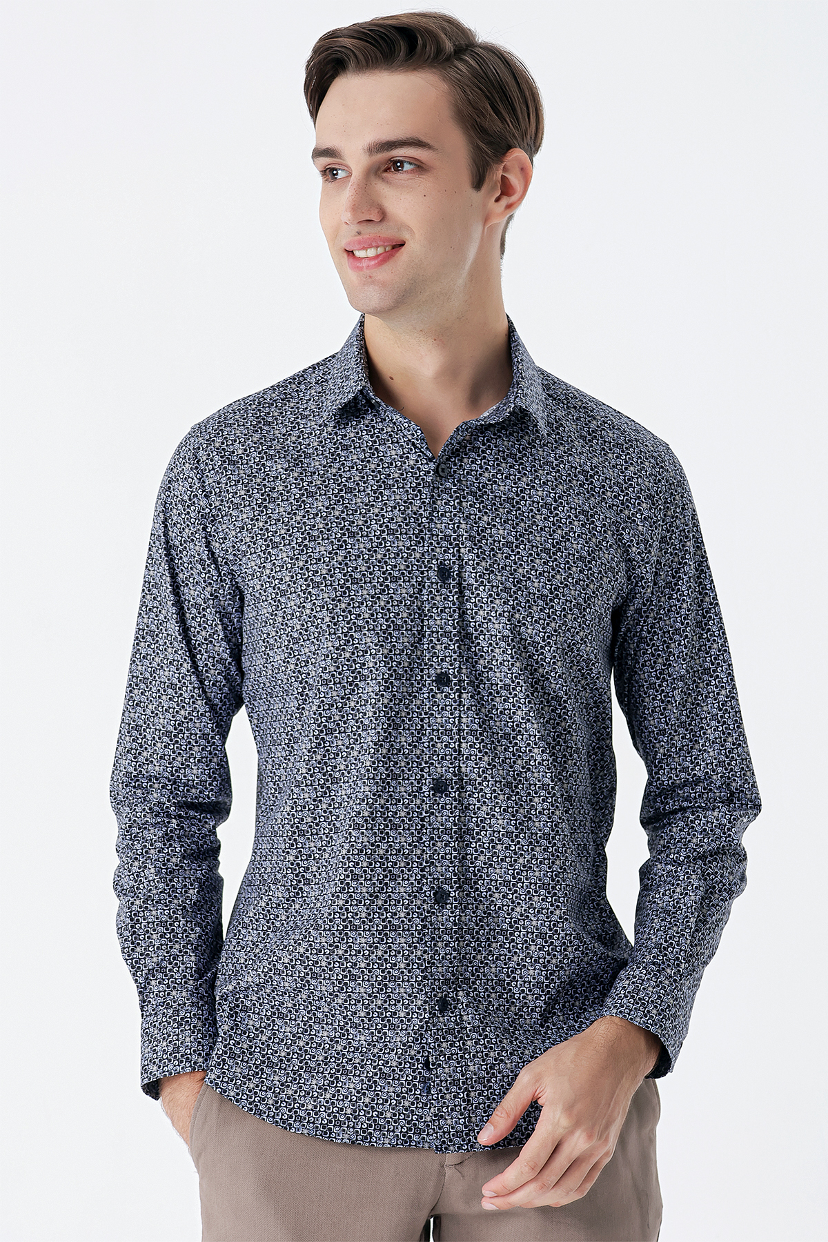 Lacivert Uzun Kollu Baskılı Cepsiz Pamuklu Likralı Klasik Slim Fit Gömlek 1004235127