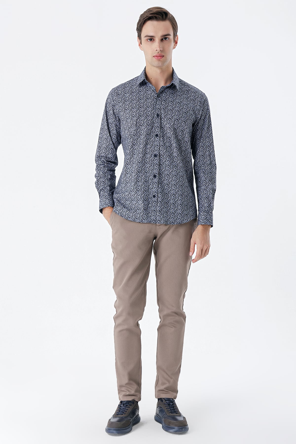 Lacivert Uzun Kollu Baskılı Cepsiz Pamuklu Likralı Klasik Slim Fit Gömlek 1004235127