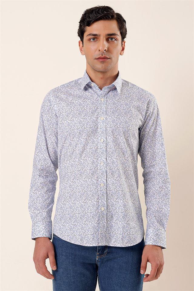 Mavi Uzun Kollu Baskılı Sert Yaka Cepsiz Pamuklu Likralı Casual Slim Fit Gömlek 1004230135