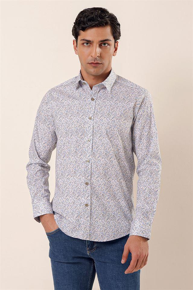 Mavi Uzun Kollu Baskılı Sert Yaka Cepsiz Pamuklu Likralı Casual Slim Fit Gömlek 1004230135