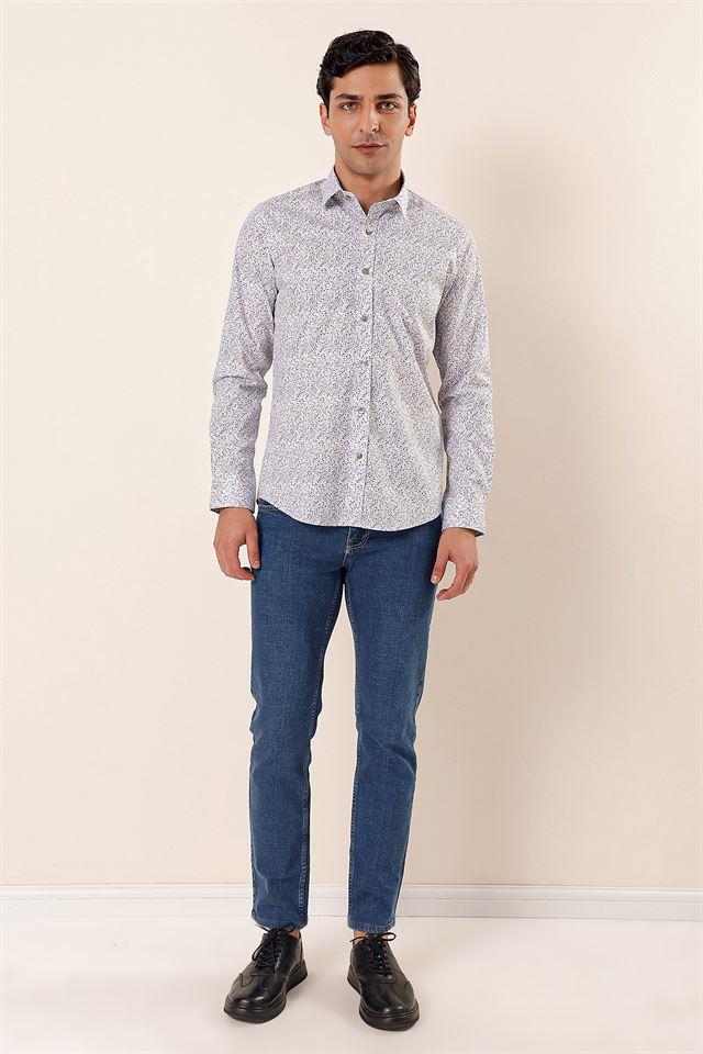 Mavi Uzun Kollu Baskılı Sert Yaka Cepsiz Pamuklu Likralı Casual Slim Fit Gömlek 1004230135