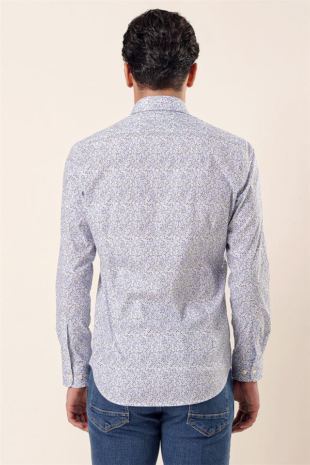 Mavi Uzun Kollu Baskılı Sert Yaka Cepsiz Pamuklu Likralı Casual Slim Fit Gömlek 1004230135