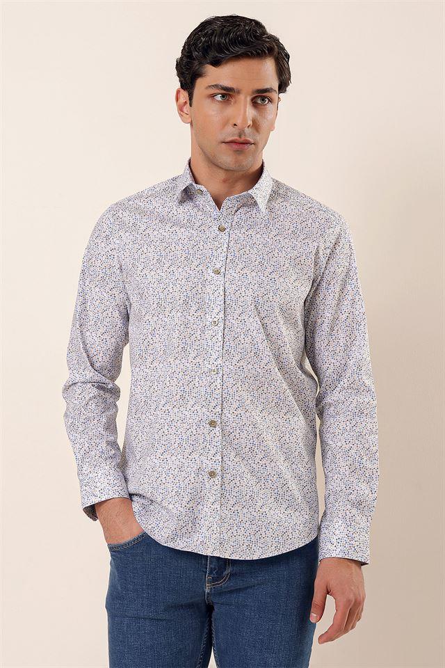 Mavi Uzun Kollu Baskılı Sert Yaka Cepsiz Pamuklu Likralı Casual Slim Fit Gömlek 1004230135