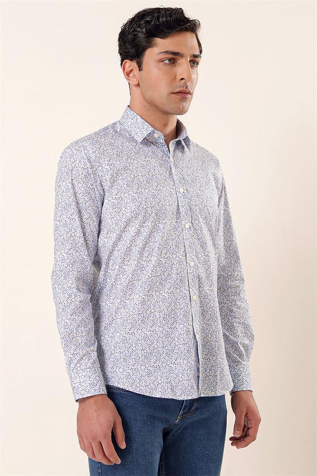 Mavi Uzun Kollu Baskılı Sert Yaka Cepsiz Pamuklu Likralı Casual Slim Fit Gömlek 1004230135