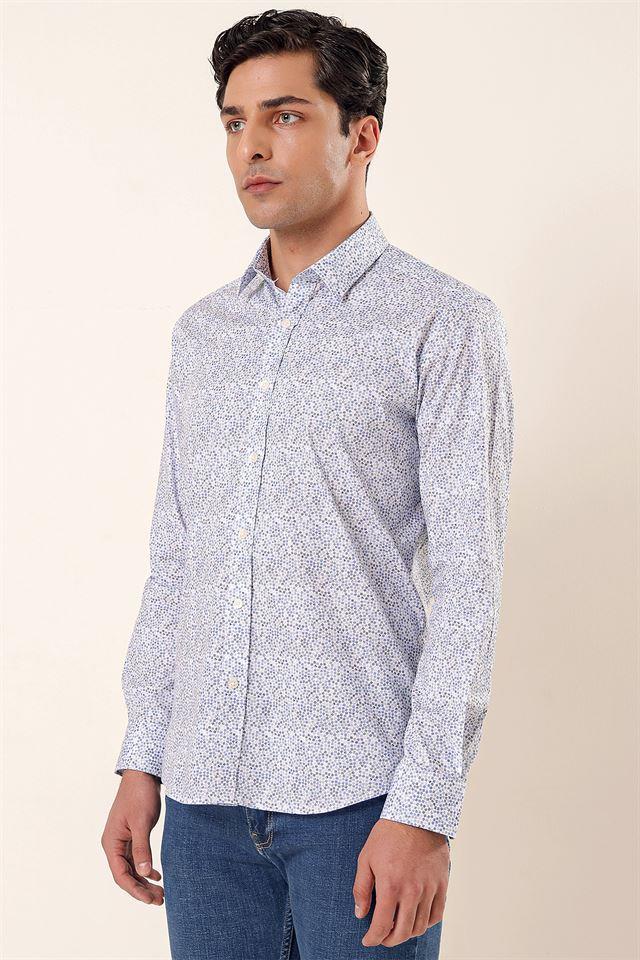 Mavi Uzun Kollu Baskılı Sert Yaka Cepsiz Pamuklu Likralı Casual Slim Fit Gömlek 1004230135
