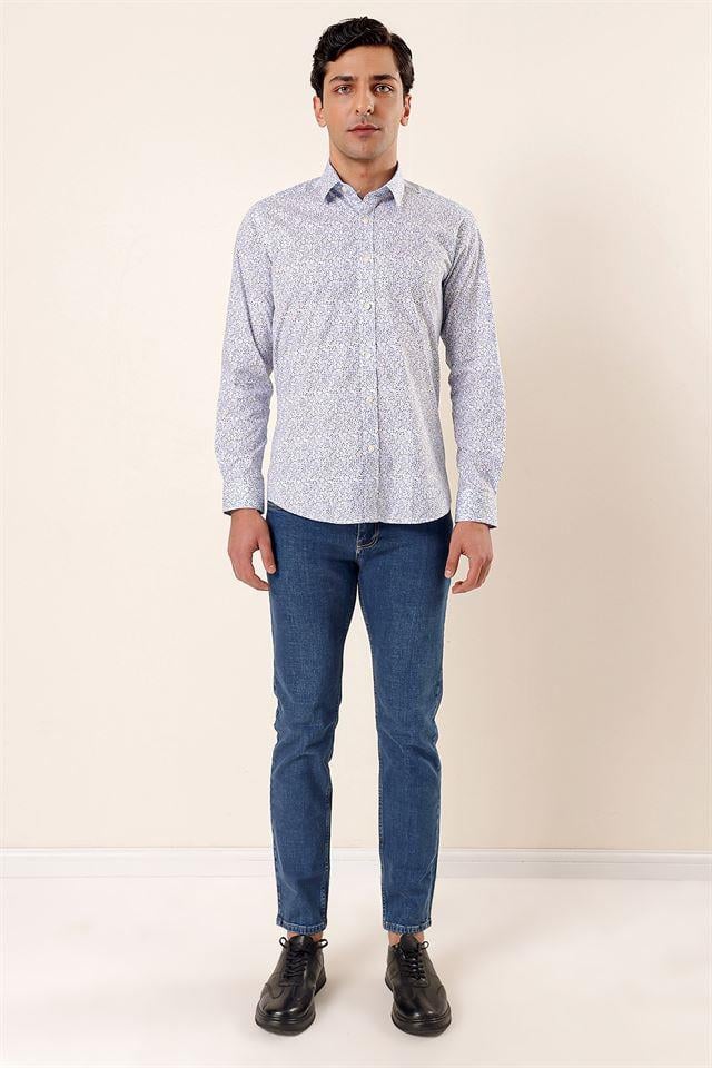 Mavi Uzun Kollu Baskılı Sert Yaka Cepsiz Pamuklu Likralı Casual Slim Fit Gömlek 1004230135