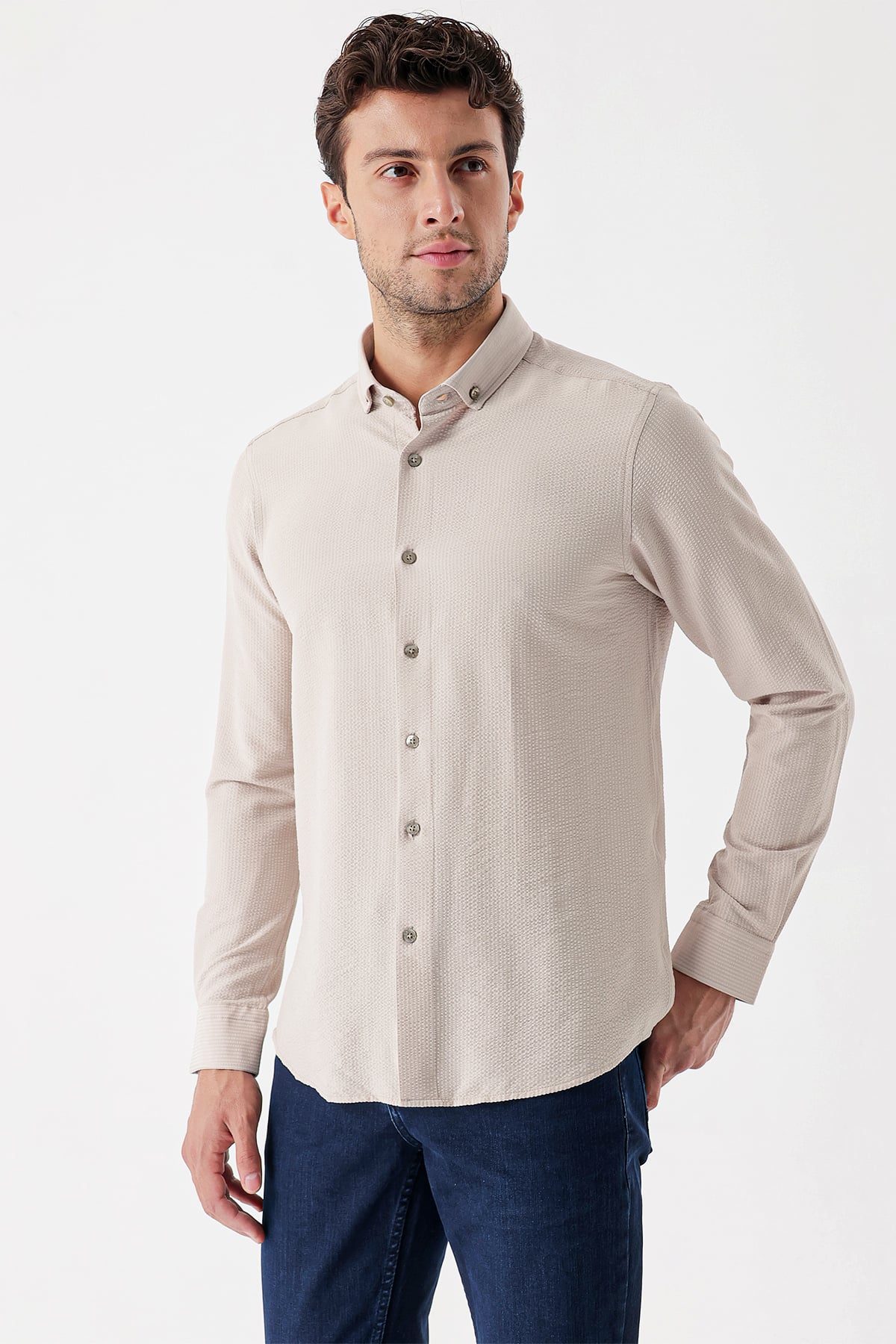Bej DMT Yaka Uzun Kol Cepsiz Slim Fit Classic Esnek Gömlek 1004230233