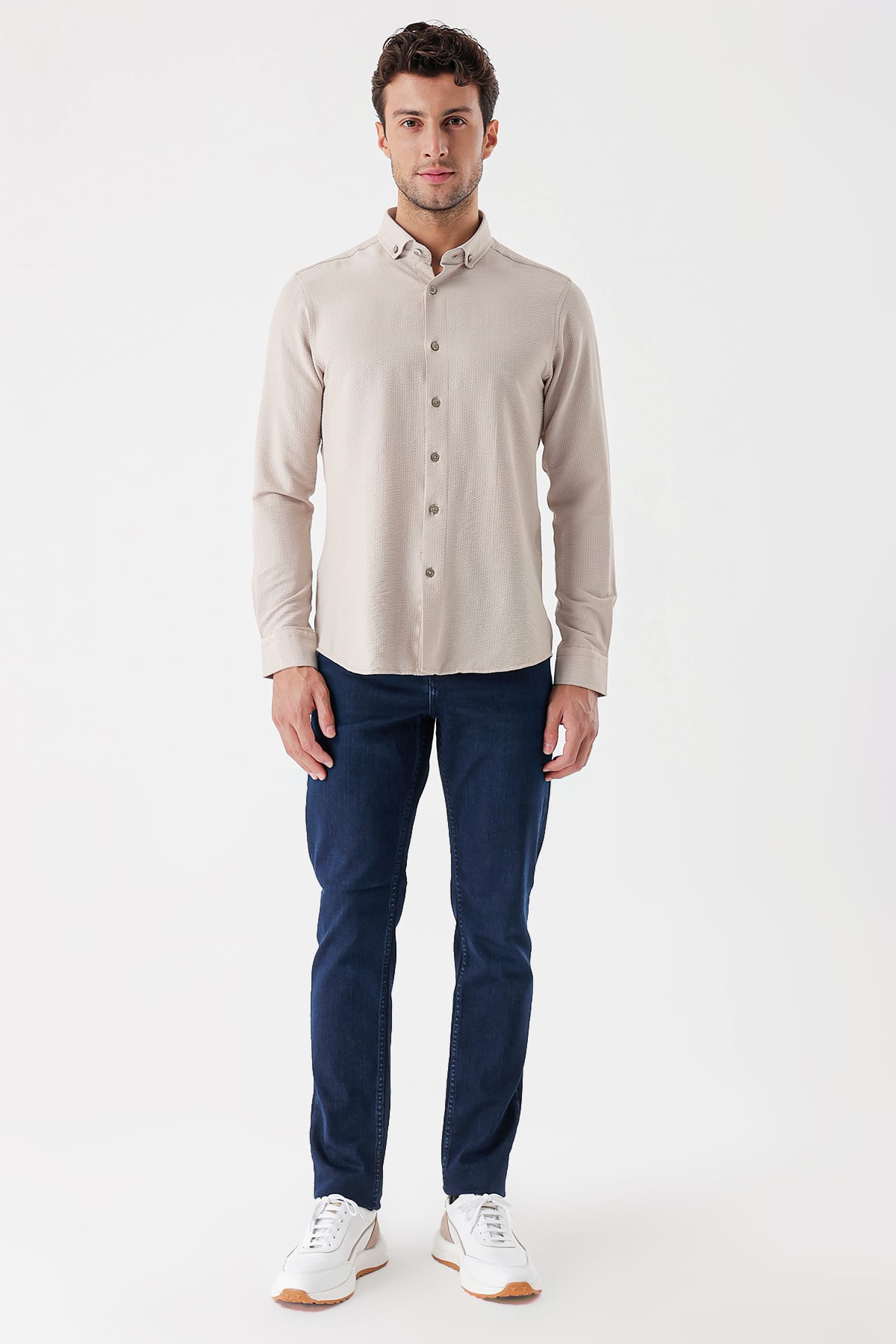 Bej DMT Yaka Uzun Kol Cepsiz Slim Fit Classic Esnek Gömlek 1004230233