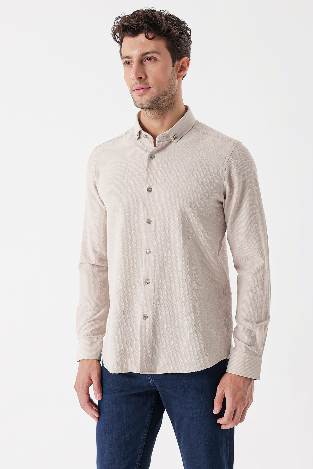 Bej DMT Yaka Uzun Kol Cepsiz Slim Fit Classic Esnek Gömlek 1004230233