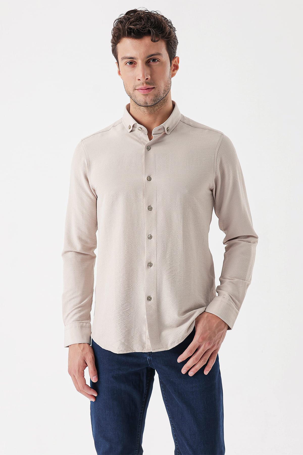 Bej DMT Yaka Uzun Kol Cepsiz Slim Fit Classic Esnek Gömlek 1004230233