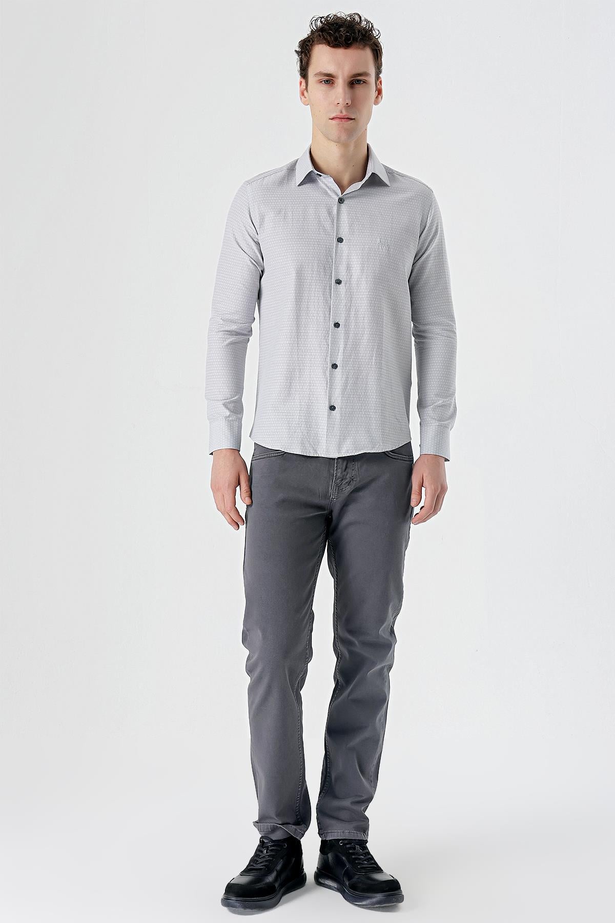 Gri Uzun Kollu Armürlü Cepsiz Pamuklu Slim Fit Gömlek 1004235168