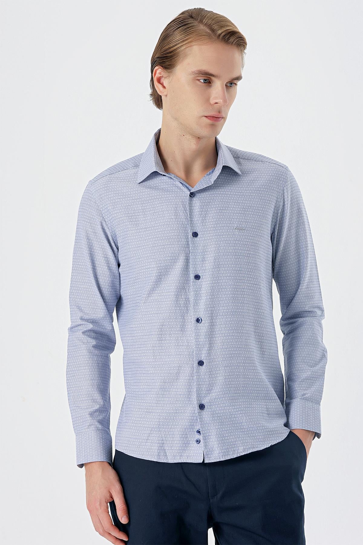 Lacivert Uzun Kollu Armürlü Cepsiz Pamuklu Slim Fit Gömlek 1004235168