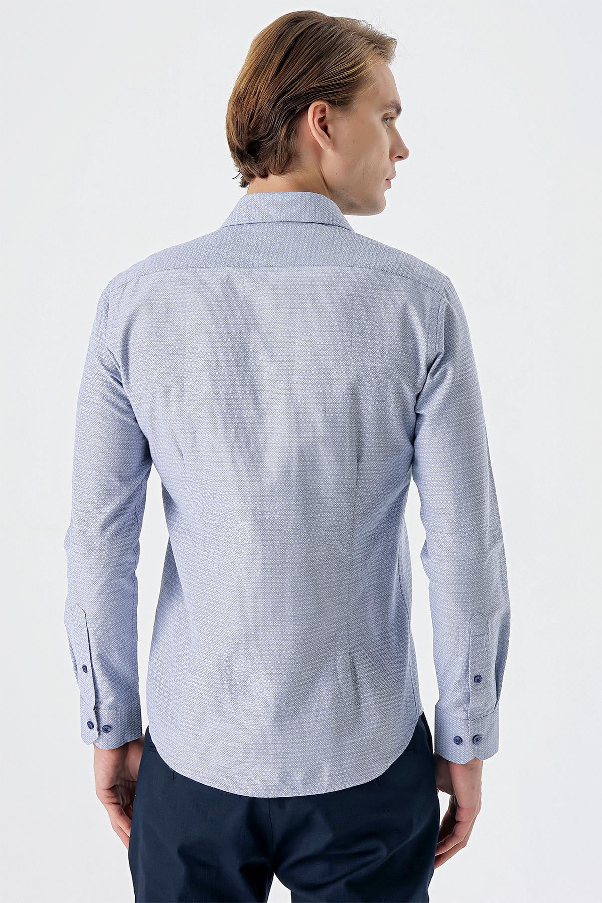 Lacivert Uzun Kollu Armürlü Cepsiz Pamuklu Slim Fit Gömlek 1004235168