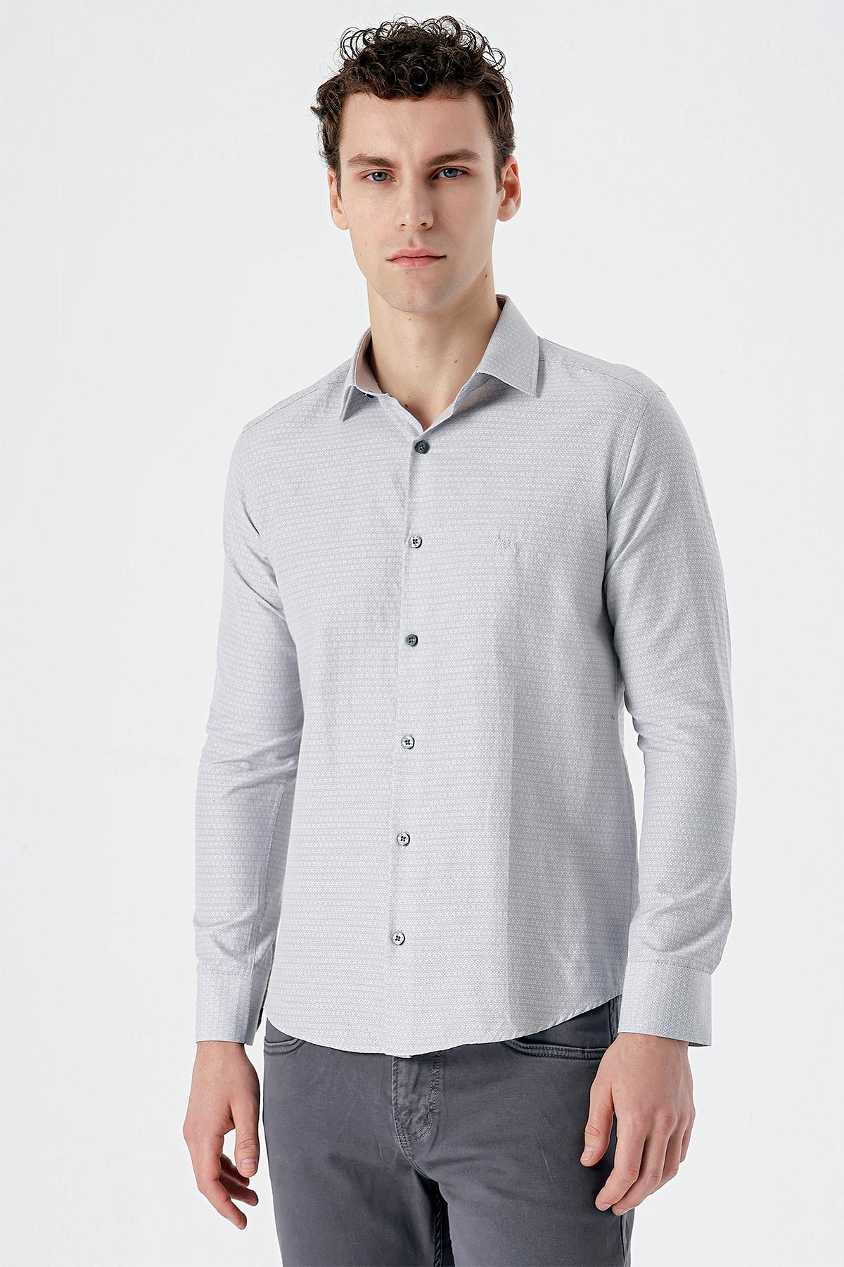 Gri Uzun Kollu Armürlü Cepsiz Pamuklu Slim Fit Gömlek 1004235168