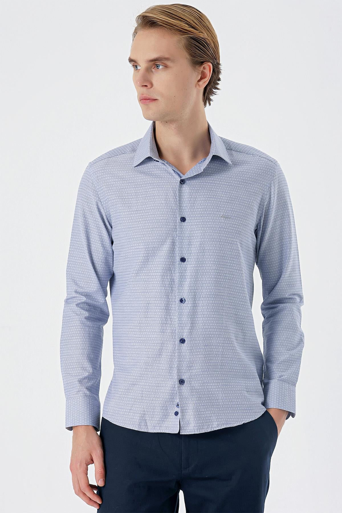 Lacivert Uzun Kollu Armürlü Cepsiz Pamuklu Slim Fit Gömlek 1004235168