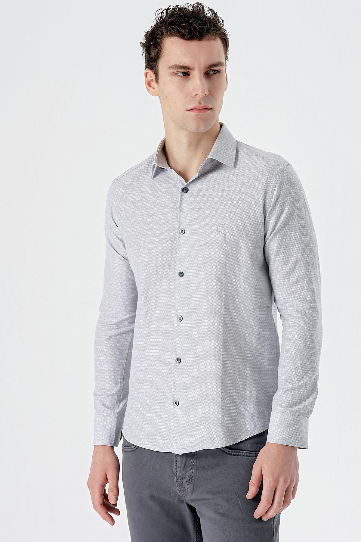 Gri Uzun Kollu Armürlü Cepsiz Pamuklu Slim Fit Gömlek 1004235168