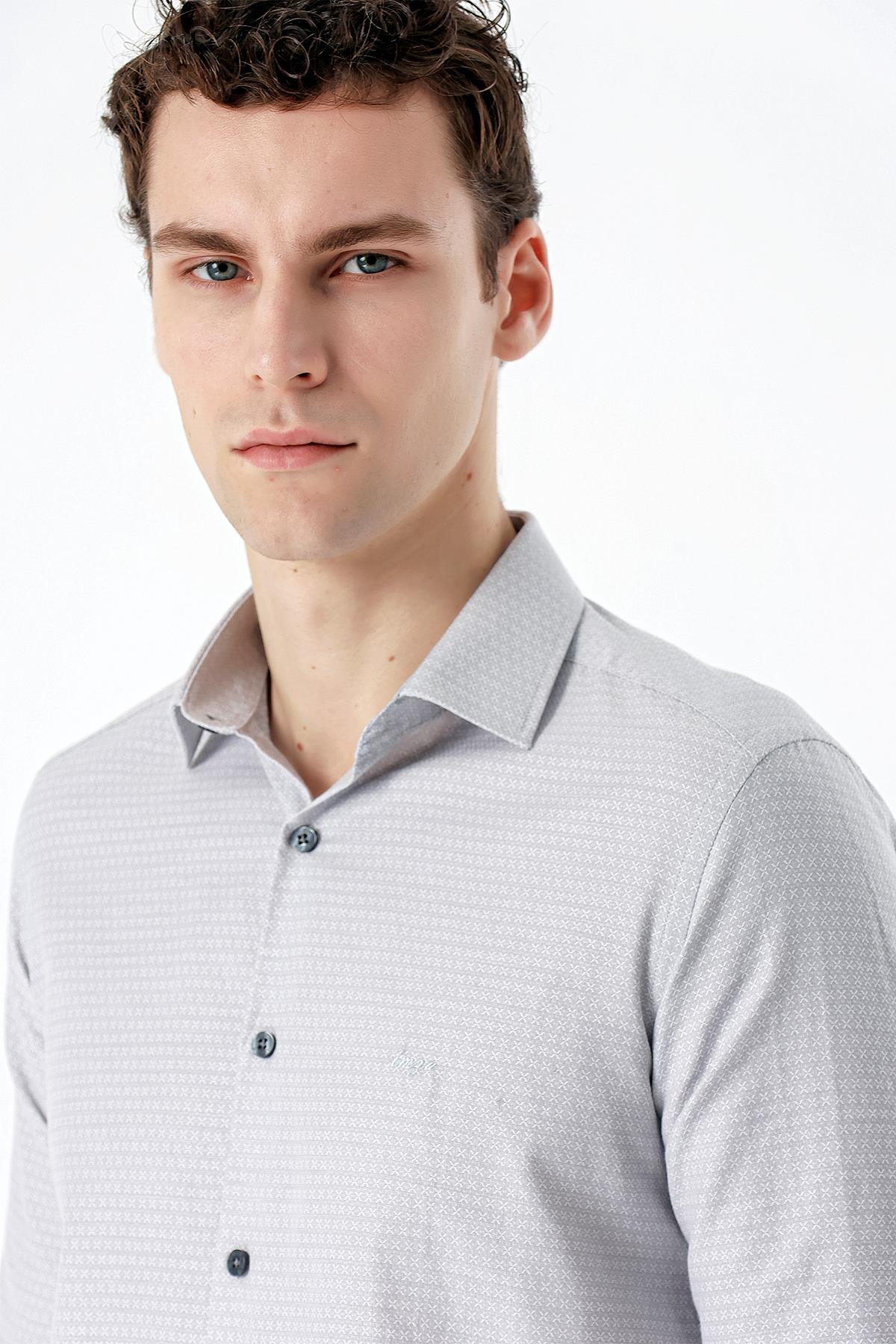 Gri Uzun Kollu Armürlü Cepsiz Pamuklu Slim Fit Gömlek 1004235168