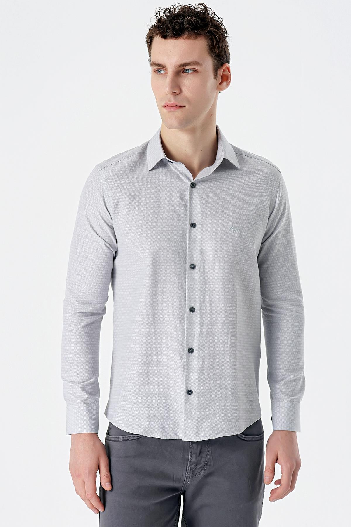 Gri Uzun Kollu Armürlü Cepsiz Pamuklu Slim Fit Gömlek 1004235168